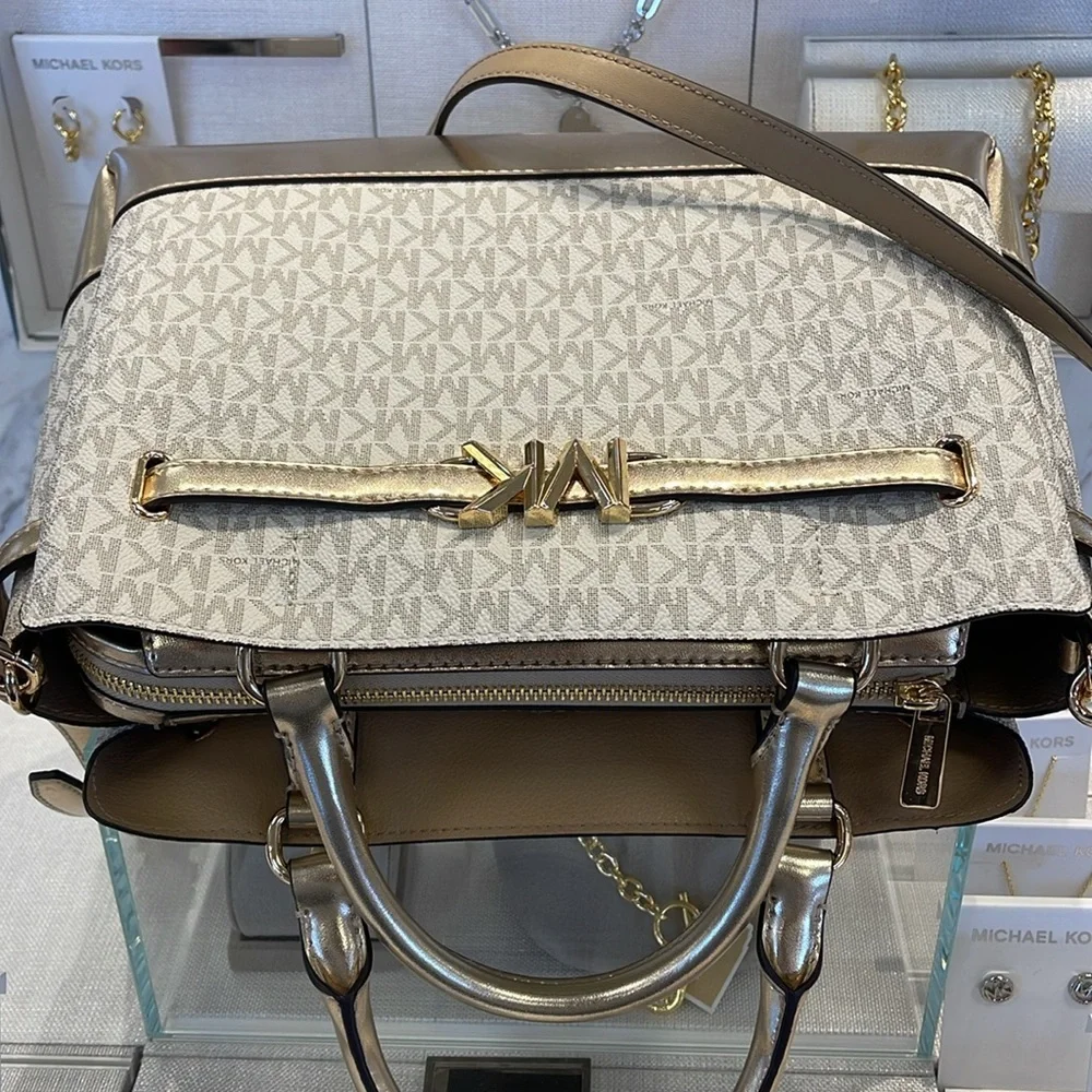 MICHAEL KORS  Reed Large Central Zip Graphic Logo Belted Satchel Pale Gold  NWT